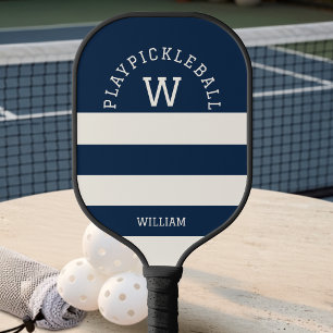 Moderne Navy Sommer Küstenstreifen Monogramm   Pickleball Schläger