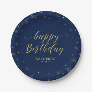 Moderne Navy- und Gold-Glitzernde-Happy-Birthday-P Pappteller