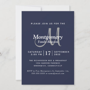 Moderne Navy Weiß Silber Monogramm Familientreffen Einladung