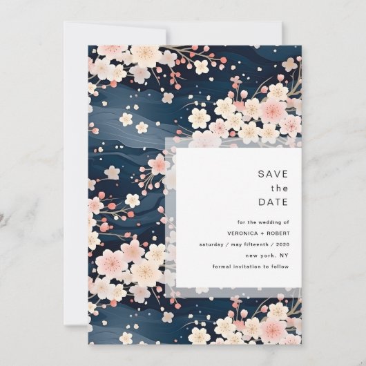 Moderne Navy-Wellen-Sakura-Hochzeit Save The Date (Vorderseite)