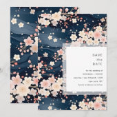 Moderne Navy-Wellen-Sakura-Hochzeit Save The Date (Vorne/Hinten)