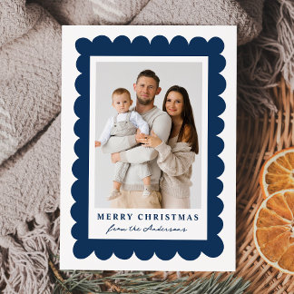Moderne Navy-Wellenrahmen-Weihnachtsfotos für 4 Bi Feiertagskarte