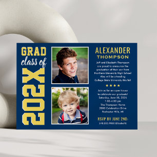 Moderne Navy Yellow Two Fotos Graduation Party Einladung