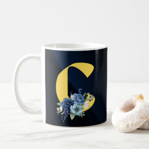Moderne navyblaue florale Monogramm-Geburtstagsgrü Kaffeetasse