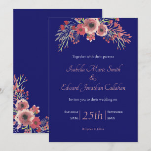 Moderne Navyblaue Korallen-Pfingstrosen-Blumenhoch Einladung
