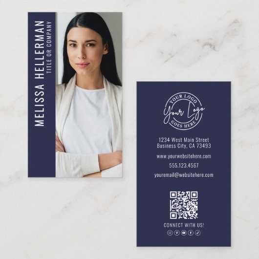 Moderne Navyblaue professionelle QR-Code-Foto-Logo Visitenkarte (Vorne/Hinten)