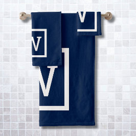 Moderne Navyblaue quadratische Rahmen-Monogramm Badhandtuch Set