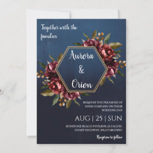 moderne navyblaue und burgunderrote Hochzeitseinla Einladung