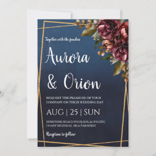 moderne navyblaue und burgunderrote Hochzeitseinla Einladung