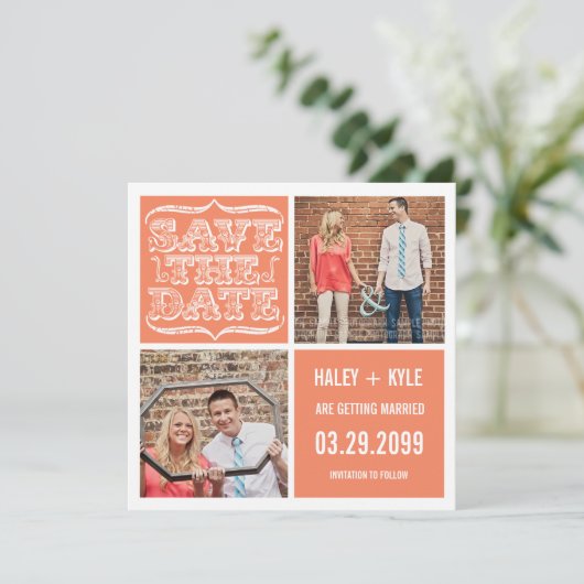 Moderne Nectarine Orange Save the Date Foto Cards Einladung (Stehend Vorderseite)