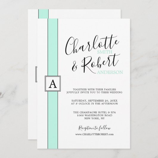 Moderne Neo Mint Green Monogram Wedding Einladung (Vorne/Hinten)