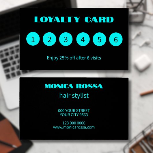Moderne Neon Blue Black Loyalty Cards