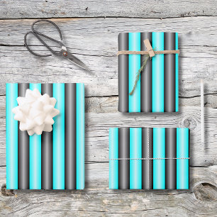 Moderne Neon Blue und Black 3D Metal Effect Stripe Geschenkpapier Set
