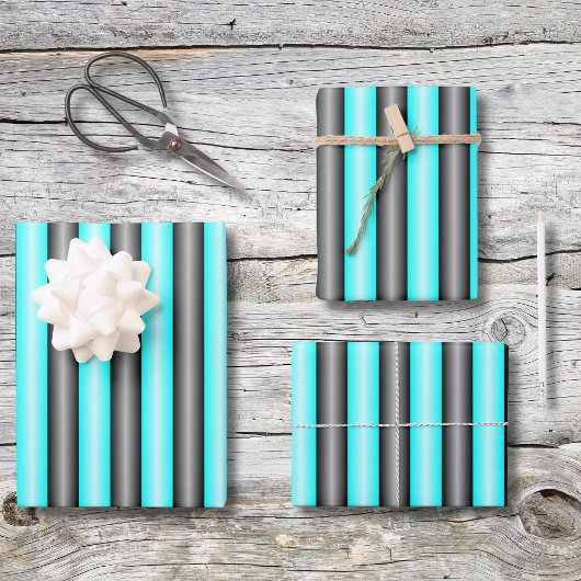 Moderne Neon Blue und Black 3D Metal Effect Stripe Geschenkpapier Set