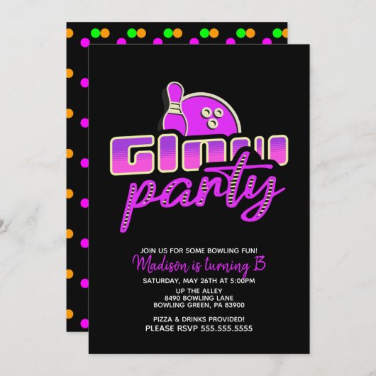 Moderne Neon Bowling Party Bash Birthday Party Einladung (Vorne/Hinten)