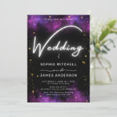 Moderne Neon Light Galaxy Lila Hochzeit Einladung (Stehend Vorderseite)