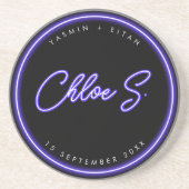 Moderne Neon Lila Script Name Gastgeschenk Hochzei Getränkeuntersetzer (Vorne)