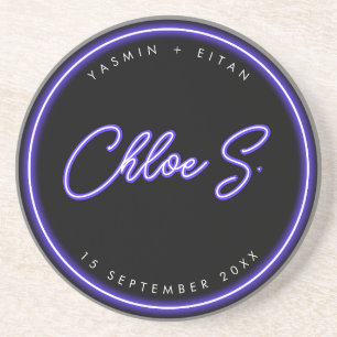 Moderne Neon Lila Script Name Gastgeschenk Hochzei Getränkeuntersetzer