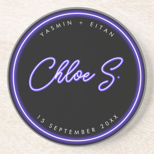 Moderne Neon Lila Script Name Gastgeschenk Hochzei Getränkeuntersetzer (Vorne)