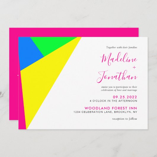Moderne Neon-Pink-Geometrie-Monogramm-Hochzeit Einladung (Vorne/Hinten)