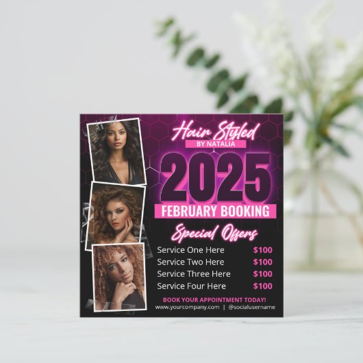 Moderne Neon Pink Hair Salon Reservierung Flyer Ca Einladung (Stehend Vorderseite)