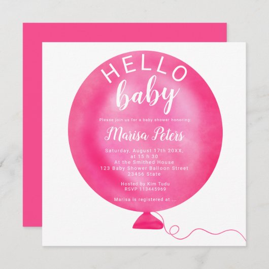 Moderne Neon-Rosa-Ballon Wasserfarben Babydusche Einladung (Vorne/Hinten)