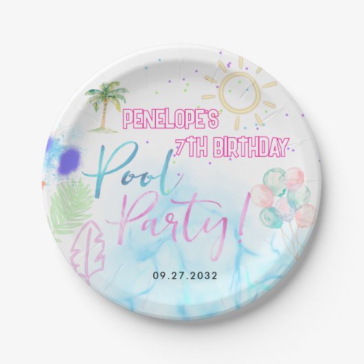 Moderne Neonglow-Wasserfarbe Poolparty-Geburtstag Pappteller (Vorderseite)
