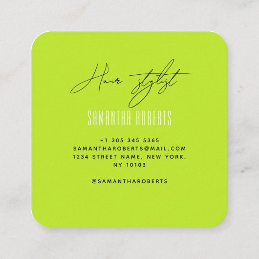 Moderne, neongrüne Monogramm-Initialen für Haarsty Quadratische Visitenkarte (Rückseite)