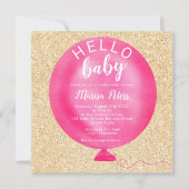 Moderne Neonrosa Ballon Gold Glitzer Babydusche Einladung (Vorderseite)