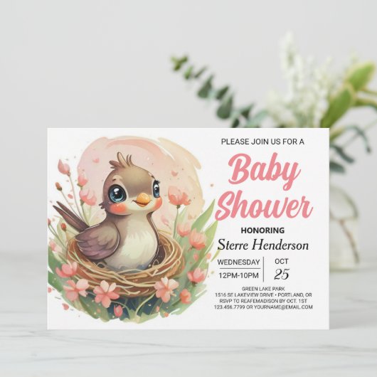 Moderne Nest Whimsical Bird Baby Dusche Einladung (Stehend Vorderseite)