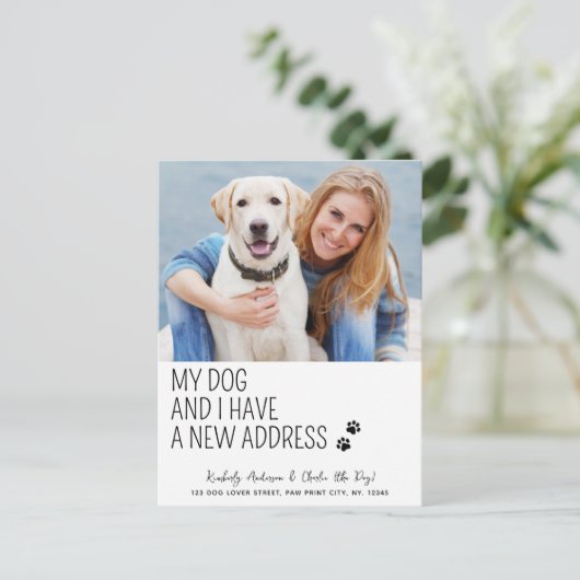 Moderne neue Adresse Wir haben das Foto des Hundes Postkarte (Stehend Vorderseite)