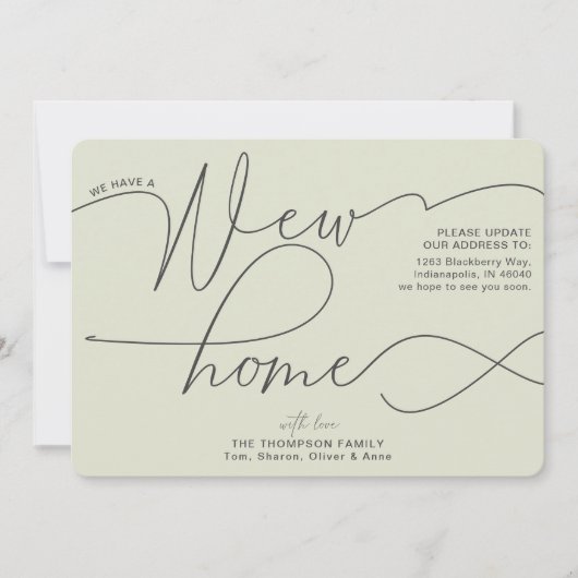 Moderne neue Zuhause-Kalligrafie Blassgrüne Bewegu Ankündigung (Vorderseite)