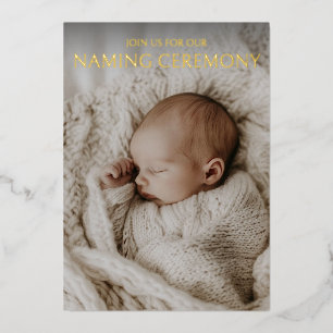 Moderne neutrale Babynamenszeremonie Foto Gold Folieneinladung