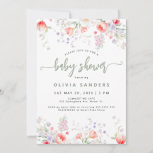 Moderne neutrale salbeigrüne florale Babyparty Einladung