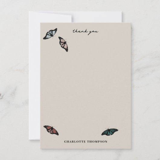 Moderne neutrale Schmetterlinge Gartenmuster Dankeskarte (Vorderseite)