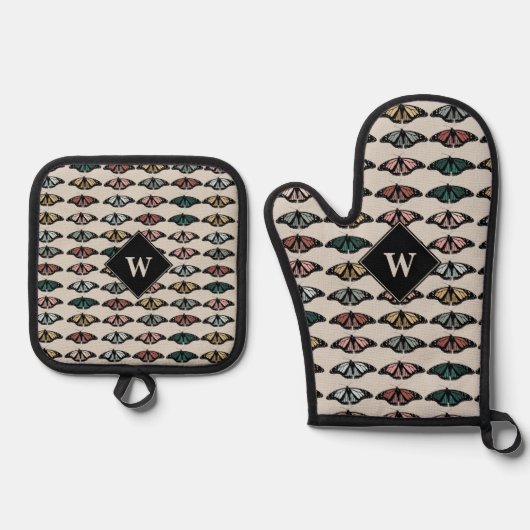Moderne neutrale Schmetterlinge Gartenmuster-Monog Ofenhandschuh & Topflappen-Set (Vorderseite)