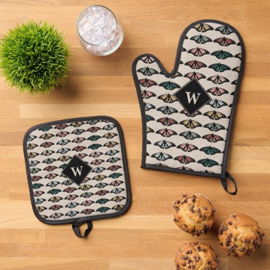 Moderne neutrale Schmetterlinge Gartenmuster-Monog Ofenhandschuh & Topflappen-Set (Oben Unten)