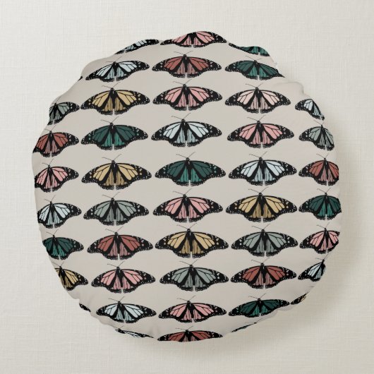 Moderne neutrale Schmetterlinge Gartenmuster Rundes Kissen (Rückseite)