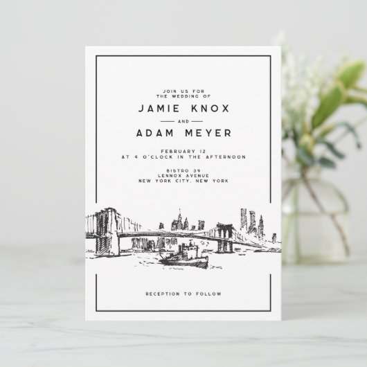 Moderne New York City Brooklyn Sketch Wedding Einladung (Stehend Vorderseite)
