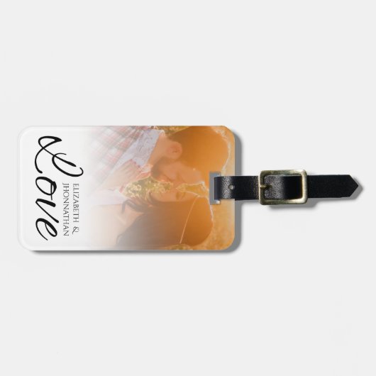 Moderne Newlyweds einfache Foto- und Liebe-Script- Gepäckanhänger (Vorderseite horizontal)