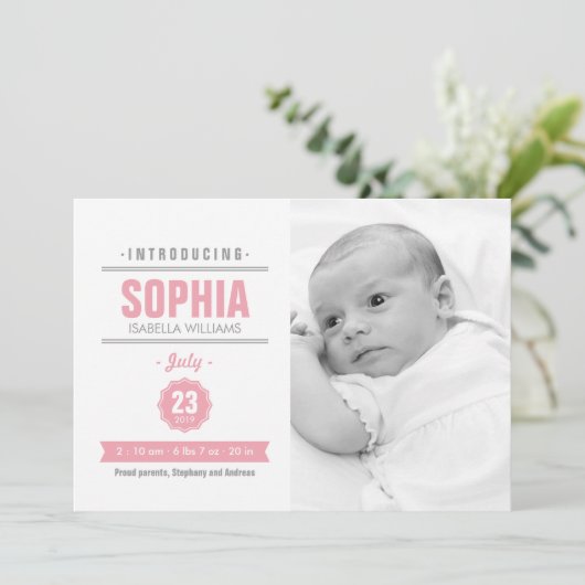 Moderne News Pink Baby Birth Foto Ankündigung (Stehend Vorderseite)