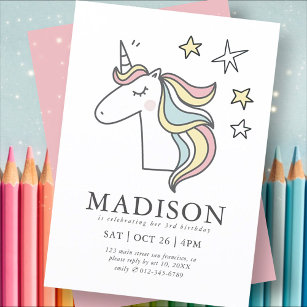 Moderne Niedlich Doodle Unicorn Stars Geburtstag Einladung