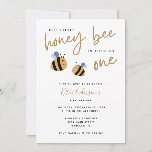 Moderne Niedlich-gelbe Hummel zum ersten Geburtsta Einladung (Vorderseite)
