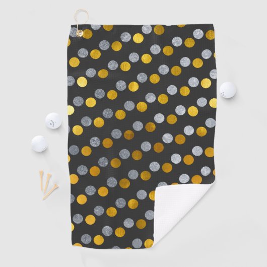 Moderne Niedliche Holzkohle Silbergoldpolka-Dots Golfhandtuch (Insitu)