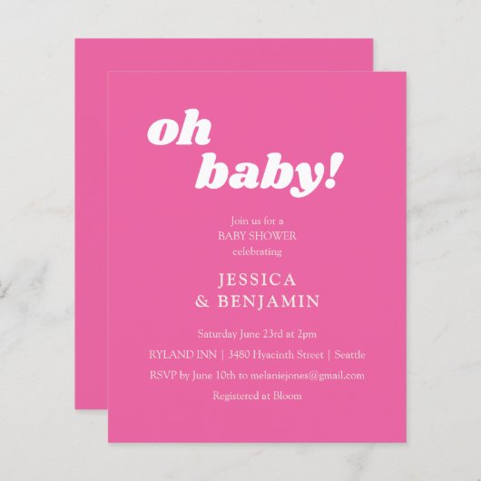 Moderne Niedliche Hot Pink Babydusche lädt ein (Vorne/Hinten)