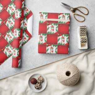 Moderne Niedliche Katze Santa Xmas Holly Schachbre Geschenkpapier