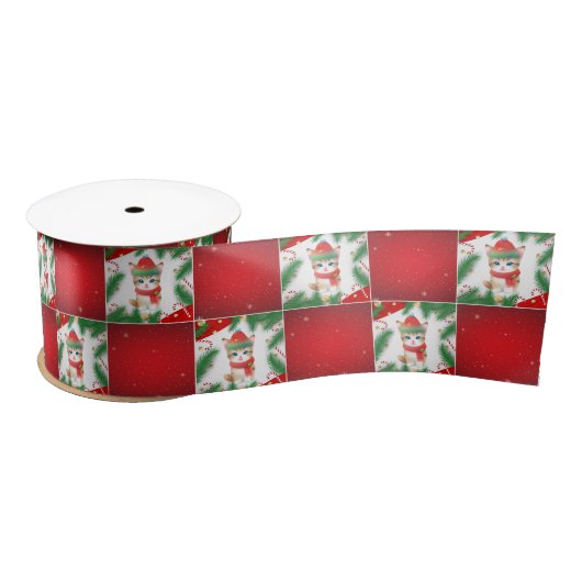 Moderne Niedliche Katze Santa Xmas Holly Schachbre Satinband (Spule)