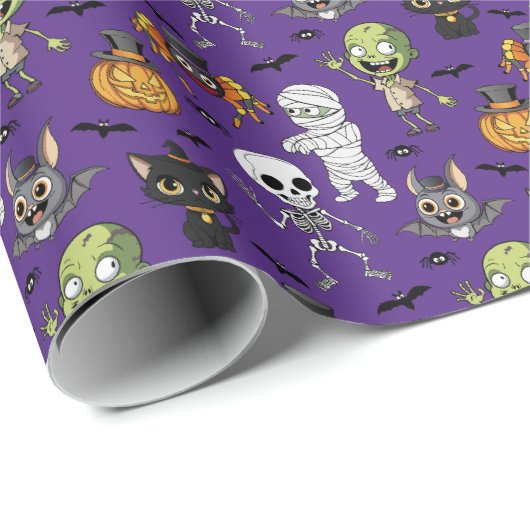 Moderne Niedliche Lila Halloween Cartoon Pattern K Geschenkpapier (Rolleneckpunkt)