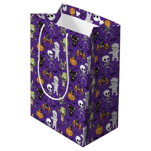 Moderne Niedliche Lila Halloween Cartoon Pattern K Mittlere Geschenktüte (Rückseite Schrägansicht)