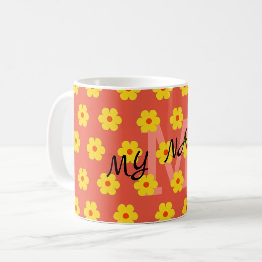 Moderne niedliche Retro-Blumen-Initial Kaffeetasse (Vorderseite Links)